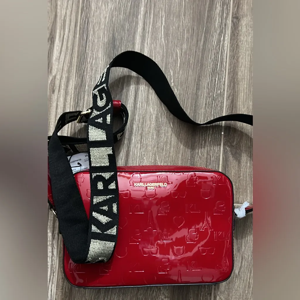KARL LAGERFELD PARIS RED MAYBELLE CROSSBODY BAG Black & Gold Strap - Image 3
