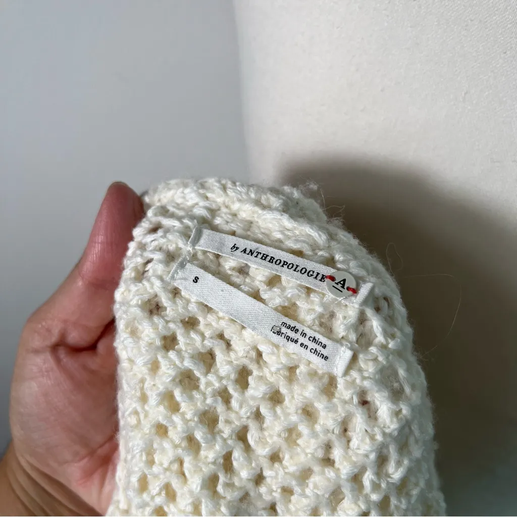 Anthropologie Pointelle Knit Crochet Open Knit Cream‎ Hoodie Pullover Sweater S Tan - Image 4