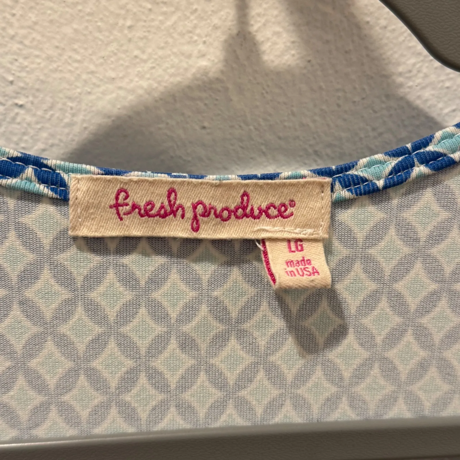 Fresh Produce Blue Geometric Print Jersey Wrap Dress‎ USA Made Sz Large - Image 3