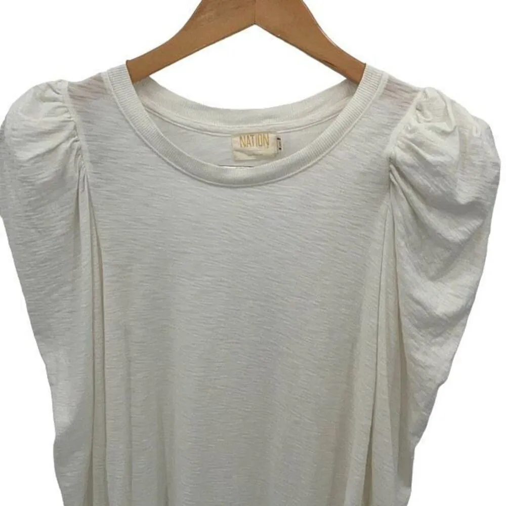Nation Ltd Womens Puff Sleeves Round-Neck Slub Cotton Long Sleeve‎ Top Off White - Image 2