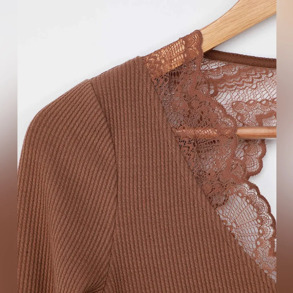 Lulus Sweet Darling Light Brown Lace Long Sleeve Backless Bodysuit NWT - Image 13