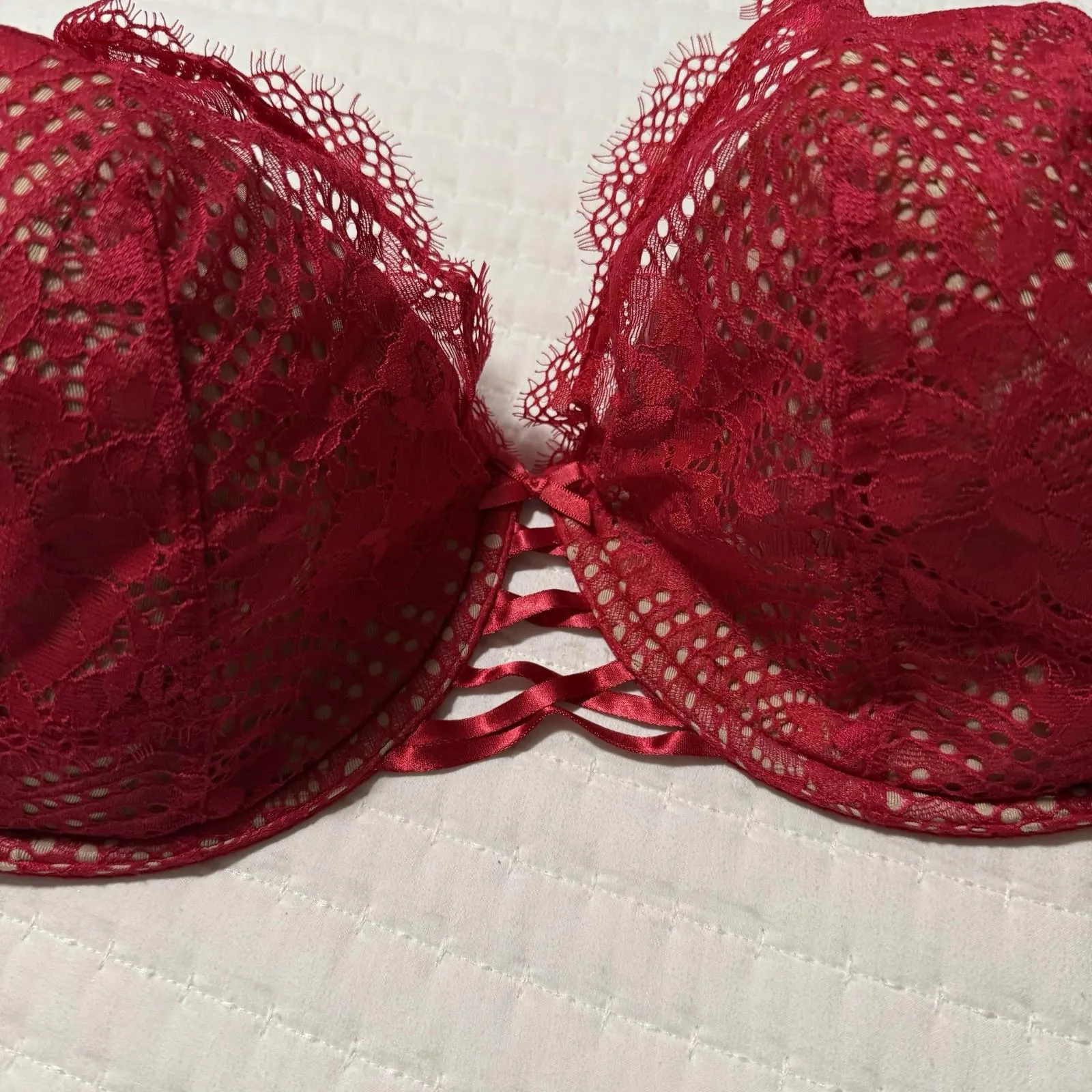 Cacique 40H Red Lace Lightly Lined French Balconette Bra Underwire - Image 9
