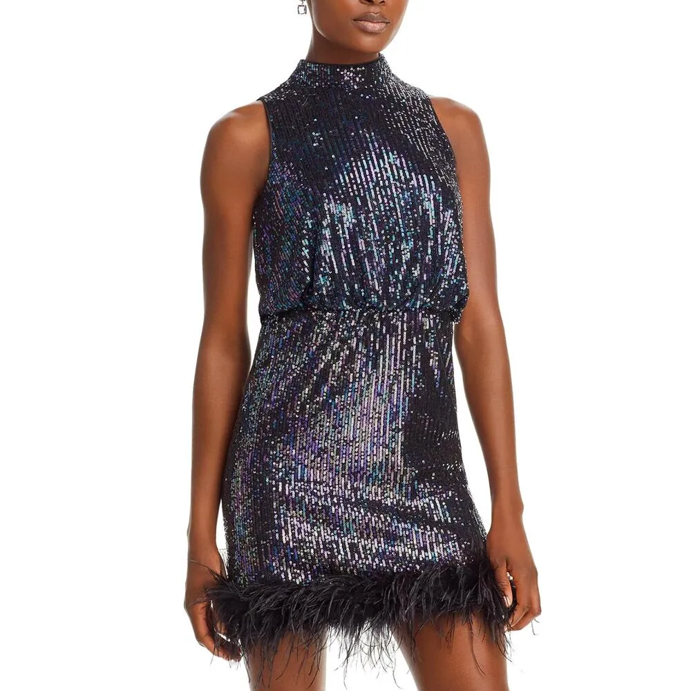 Eliza J Sequined Feather Hem Mini Dress Party Glam Mockneck Sleeveless US 6 NWT - Image 2