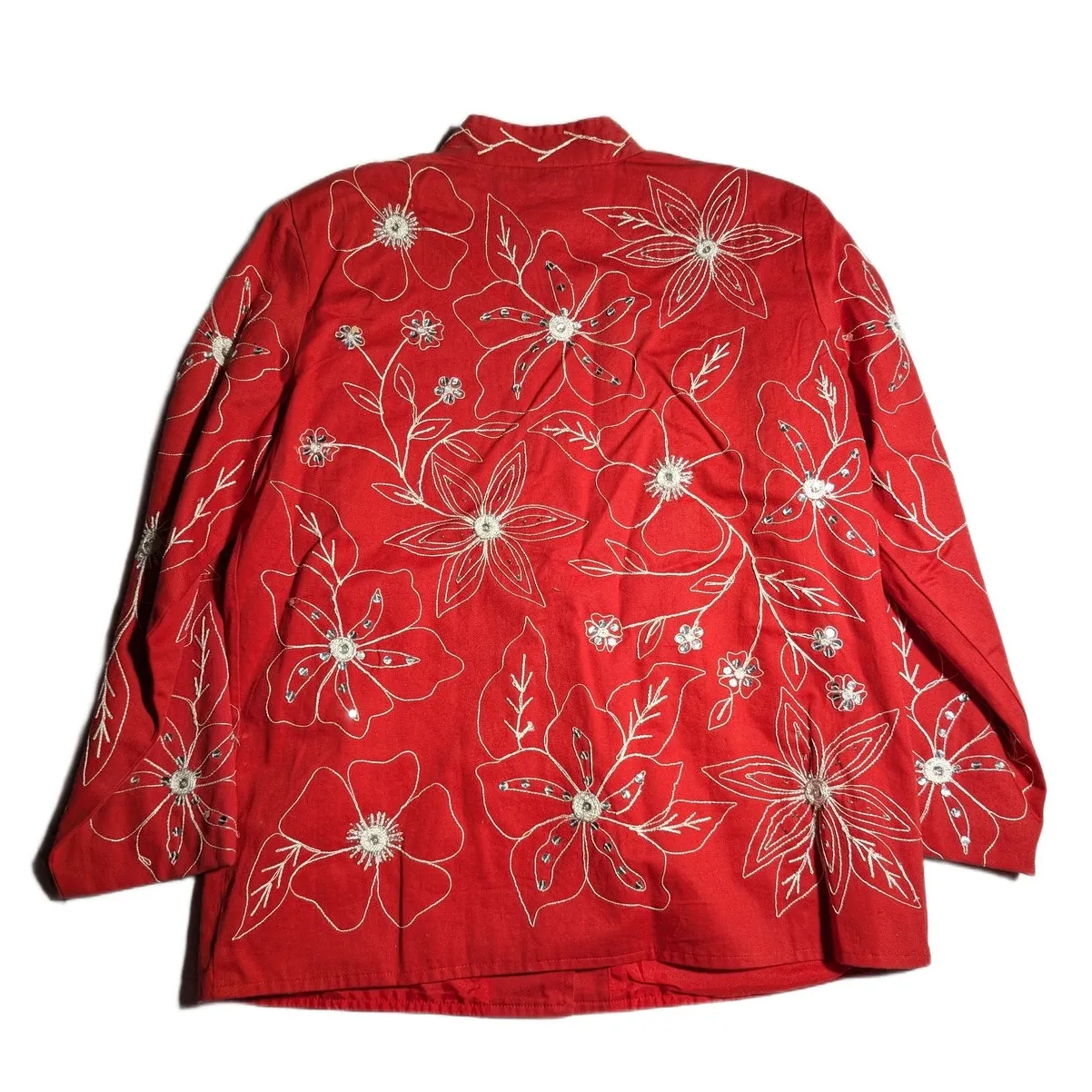 Vtg Y2K Indigo Moon Red White Floral Embroidered Mandarin Collar Jacket Sz S - Image 2