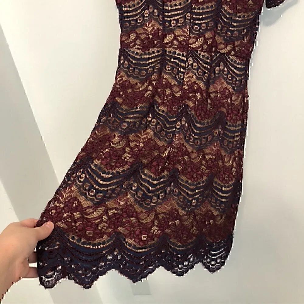 SOPRANO Burgundy Maroon Red Navy Blue Floral Lace Short Sleeve Fit Flare Dress S - Image 11