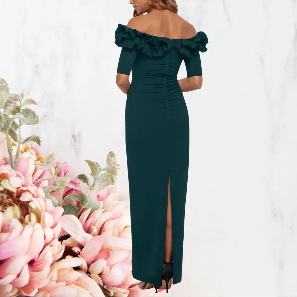 Xscape Women's Isla Long CREPE OFF THE SHOULDER Green RUFFLE Dress Plus Sz 20 - Image 2