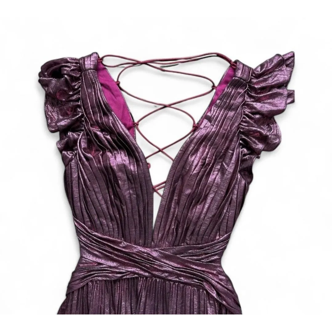 IEENA FOR MAC DUGGAL Pink Ruffle Sleeve Cutout Pleated Metallic Gown - Image 12