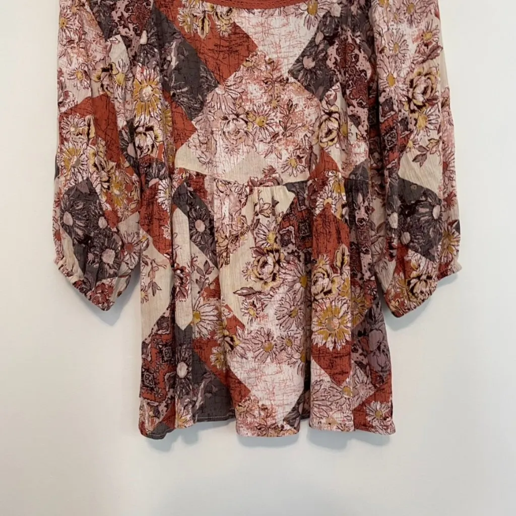 MAURICES Crochet Trim Patchwork Babydoll Blouse Multi Floral Boho 3/4 Sleeve Top - Image 7