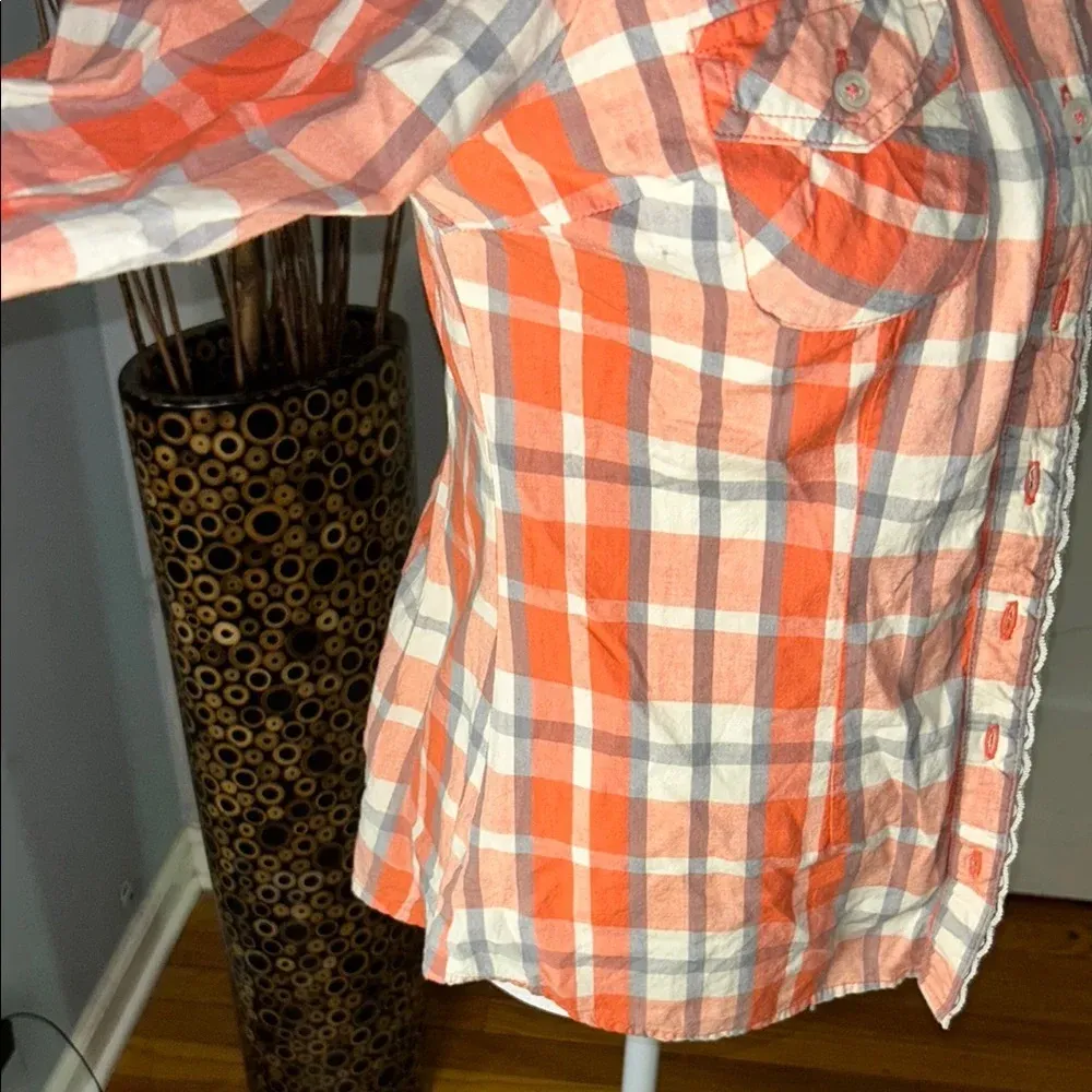 love, Fire Vibrant Orange and Gray Plaid Shirt - Image 3