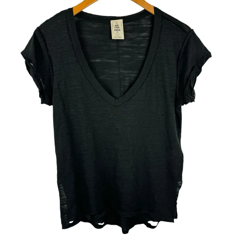 Free People We The Free Sundance Tee Top Black Slouchy V Neck Distressed Size XS - Image 2