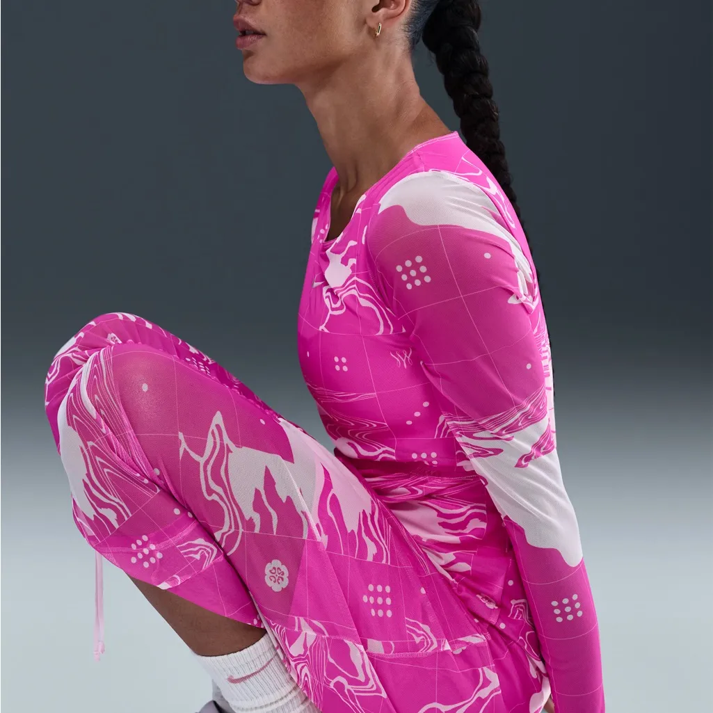 Nike Women's Pink Abstract Print Mesh Long Sleeve Ruched Midi Dress - Image 5