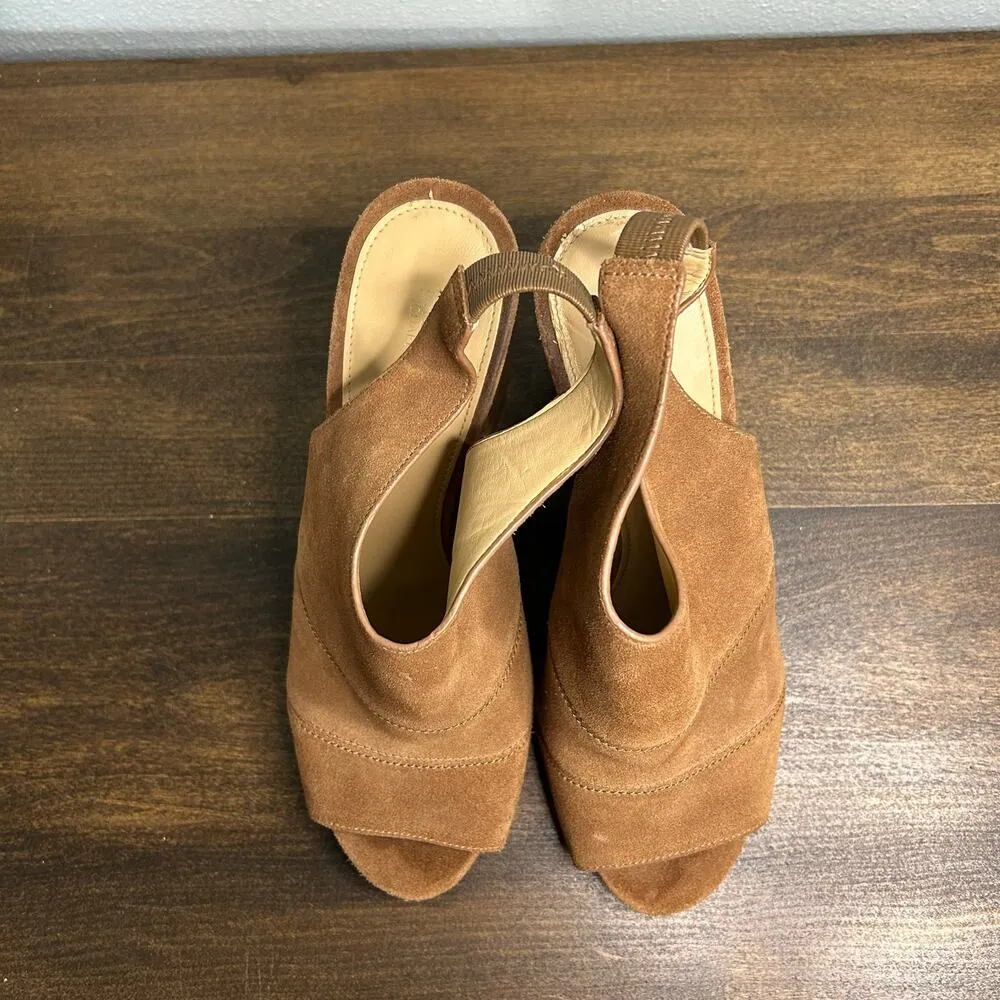 Michael Kors Chunky Peeptoe Heels Cassie Slingback Camel Brown Suede Leather 8.5 - Image 4