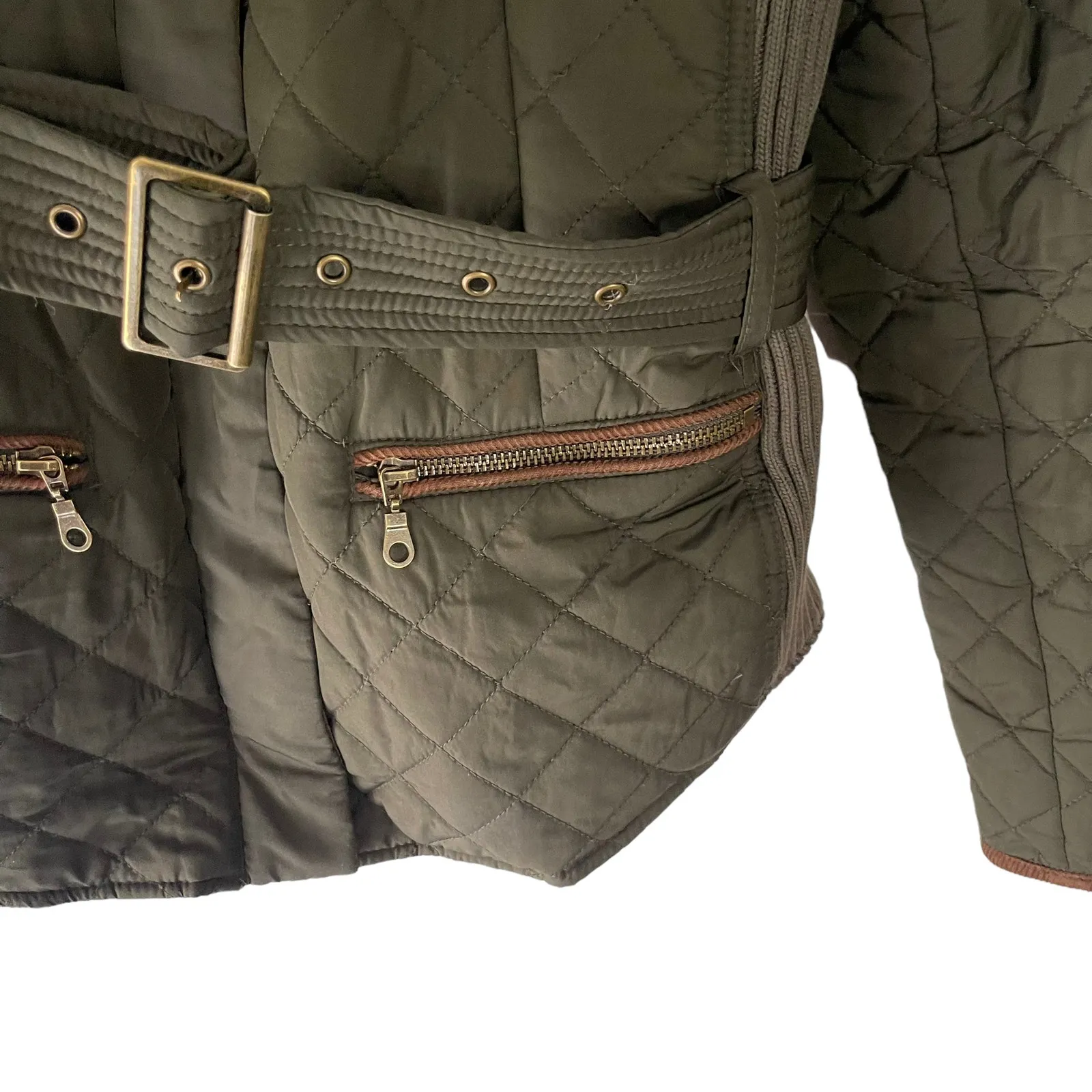 Johnston & Murphy Women's Size Large Army‎ Green Quilted Belted Coat - Image 5