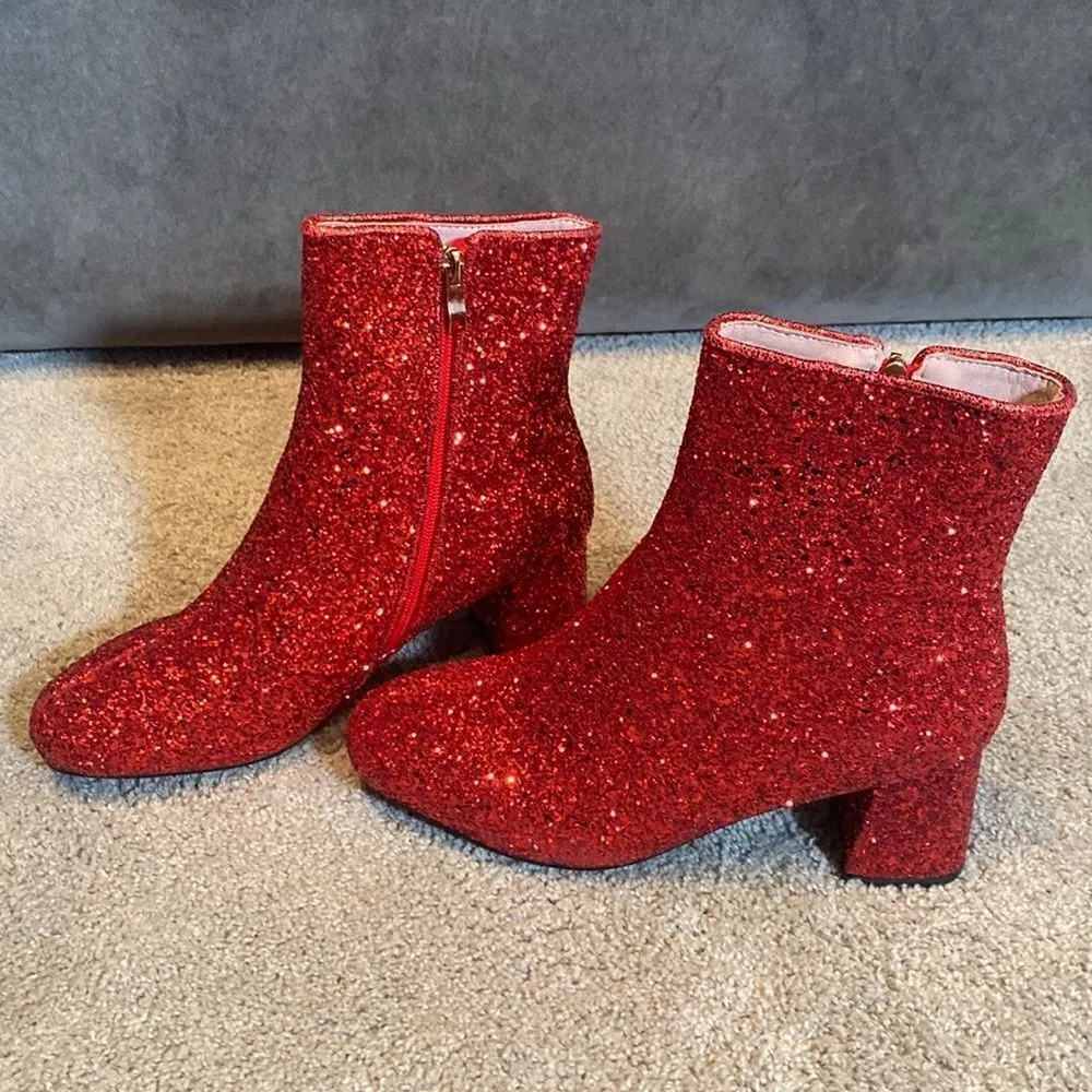 Women’s Red Glitter Covered Chunky Heeled Sparkly Boots Size 9.5 NEW Red - Image 4