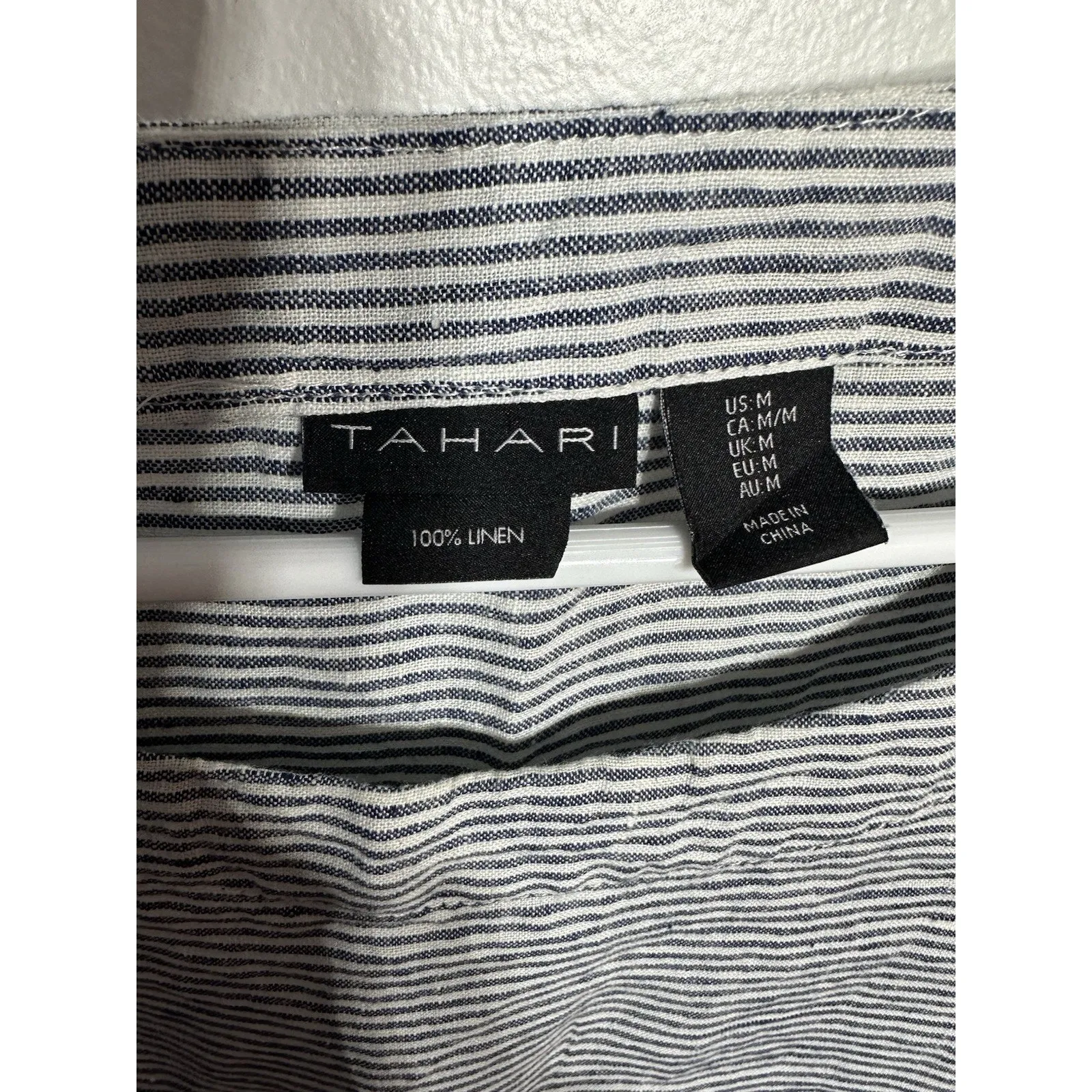 Tahari Linen Blue Stripe Top Women’s Medium 3/4 Sleeve Lagenlook Popover Preppy - Image 3