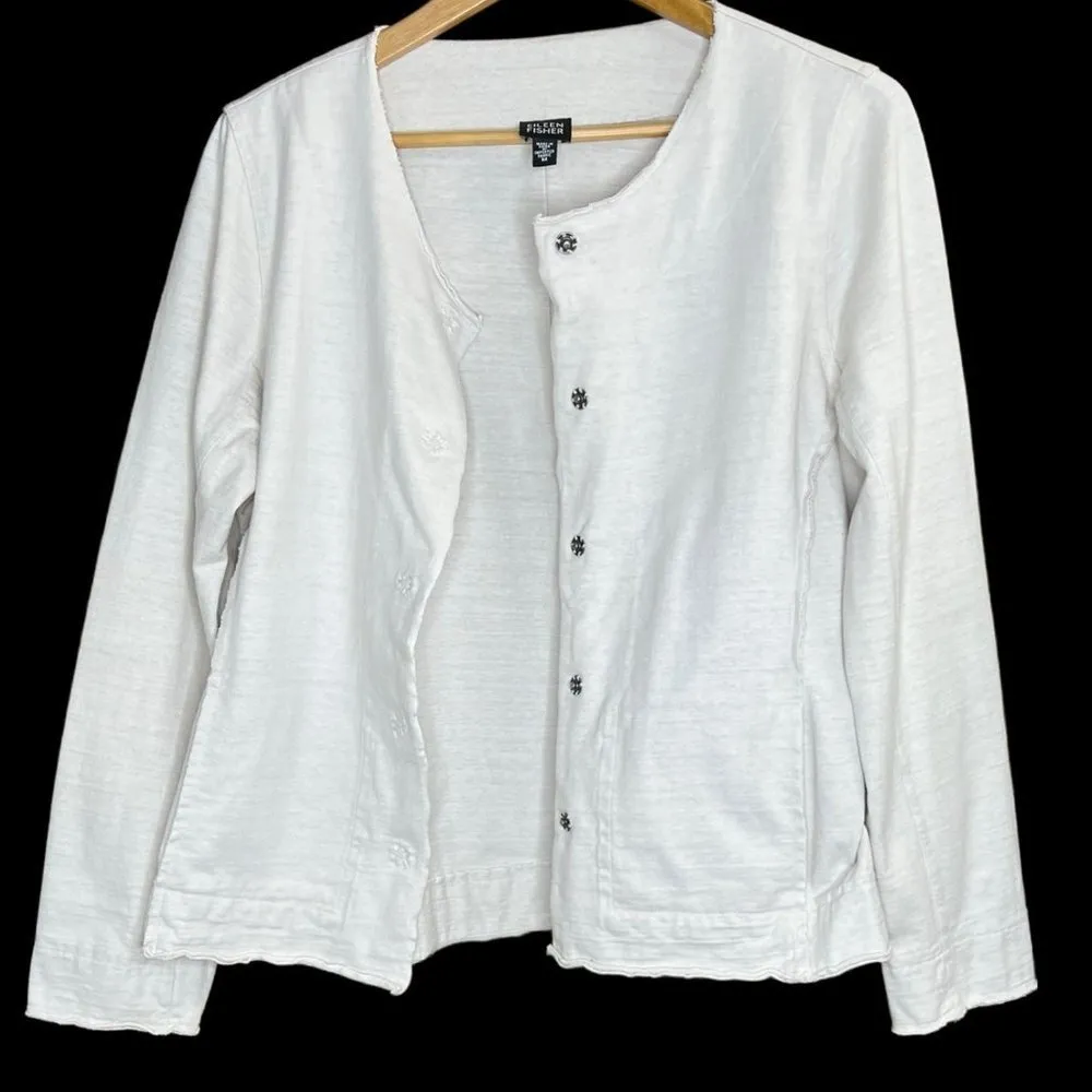 Eileen Fisher White Snap Up Colorless Jacket Cotton Size Medium - Image 5