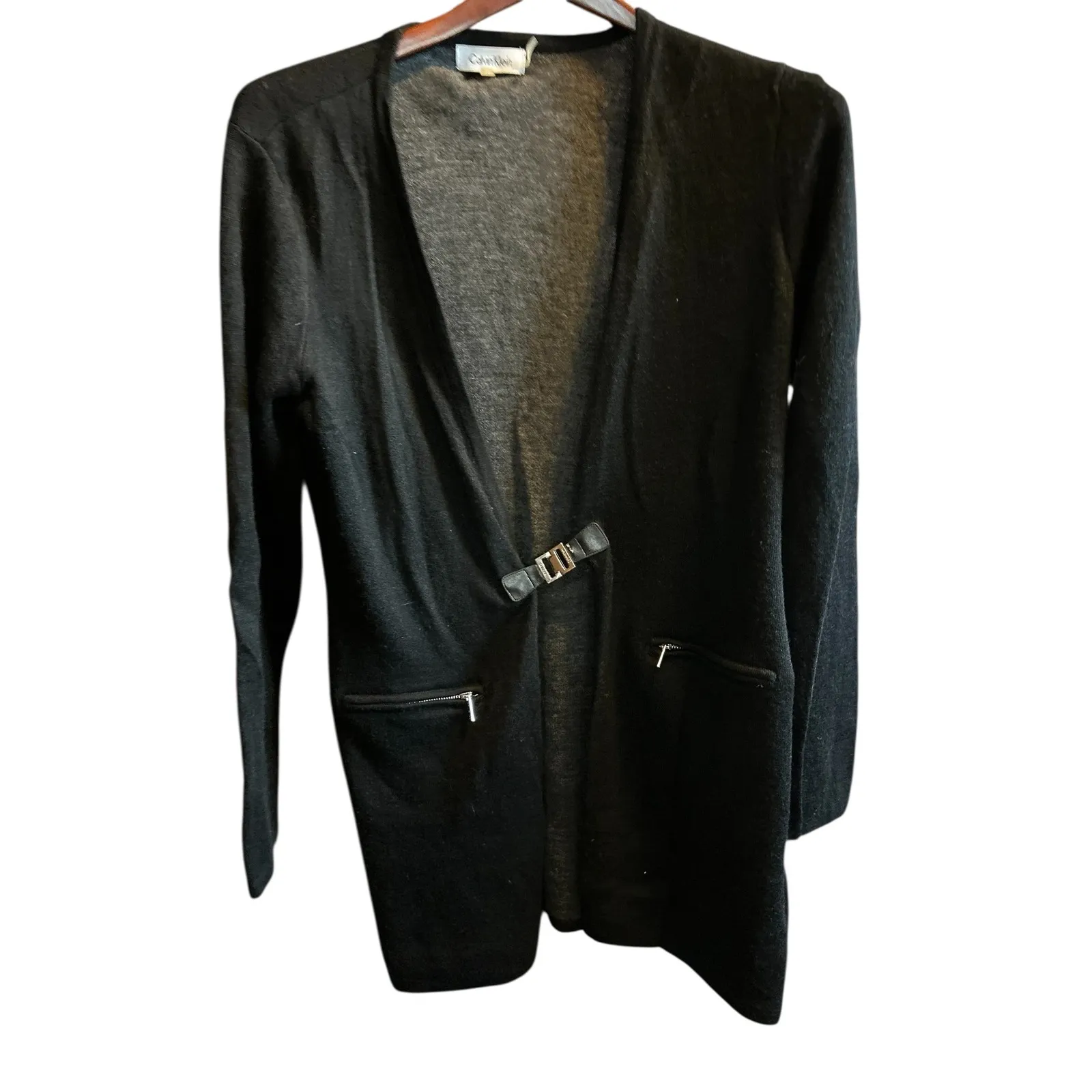 Calvin Klein Black Long Sleeve Open Front Cardigan Sweater with Buckle Detail - Image 7