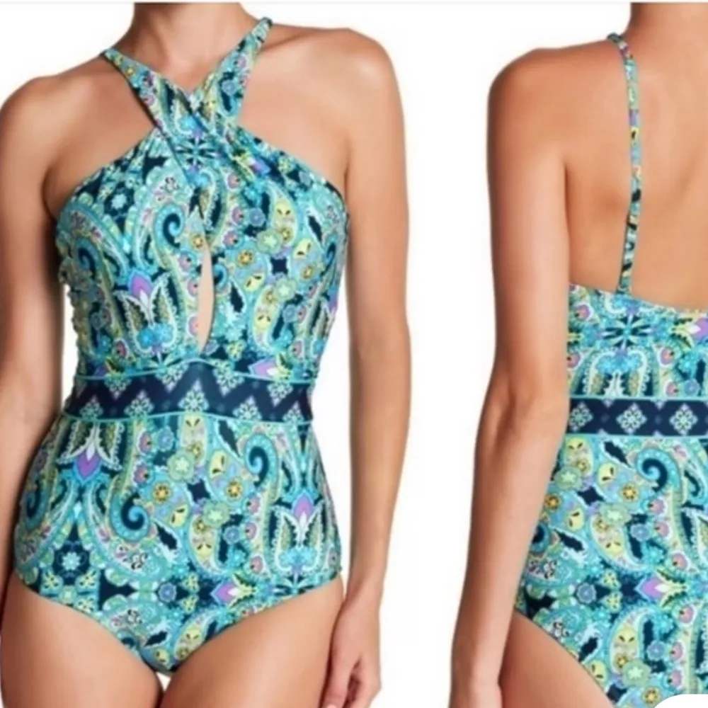 Laundry By Shelli Segal Teal Paisley Multi Way One Piece Swimsuit - Image 8