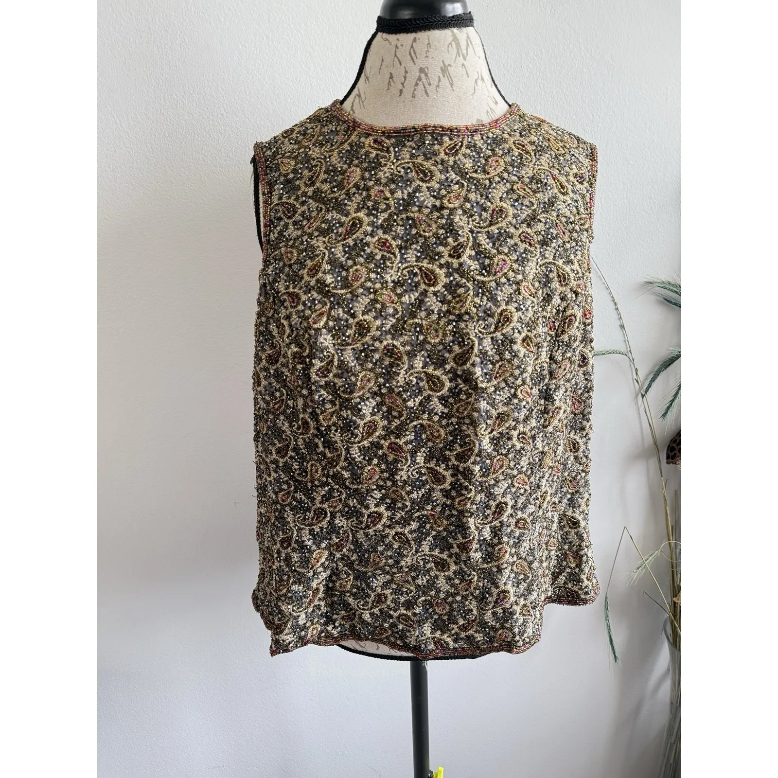 Adrianna Papell Occasions Top Size 22 Silk Beaded Gold Paisley Blouse‎ Formal - Image 2