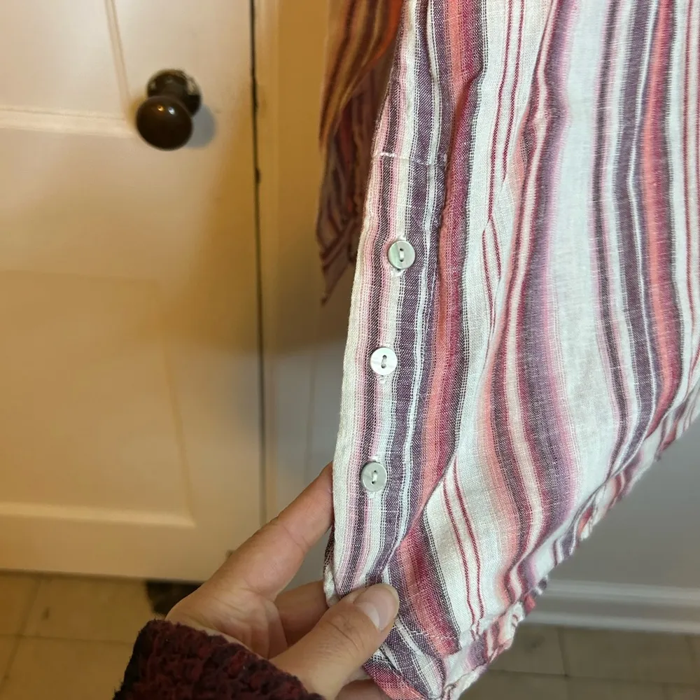 Denim & Co. Naturals Linen Blend Striped Side Button Blouse Pink Size XS - Image 6