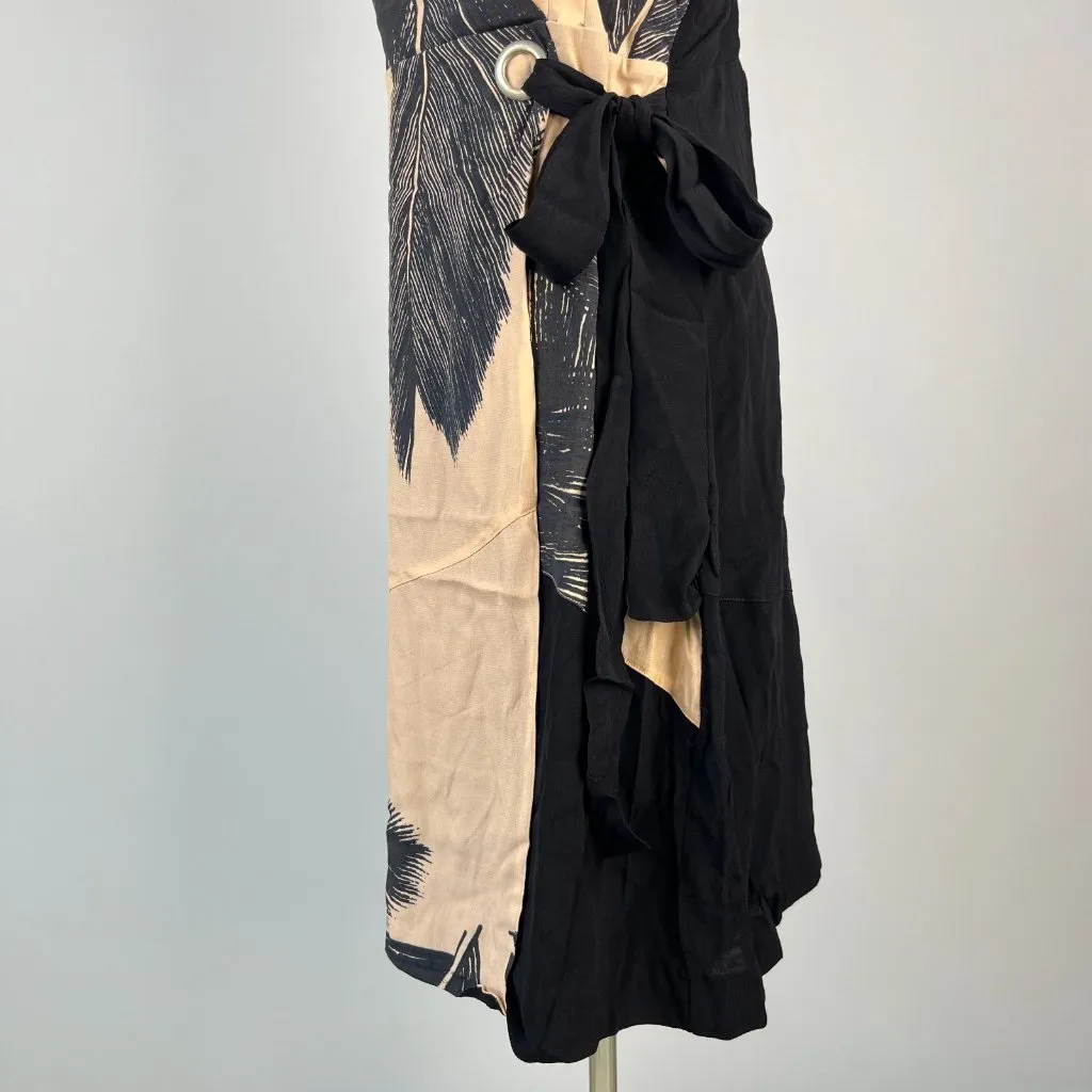 NWT Mint Velvet Beige / Peach Black Feather Pencil Midi TIE Dress US 12 UK 16 - Image 6