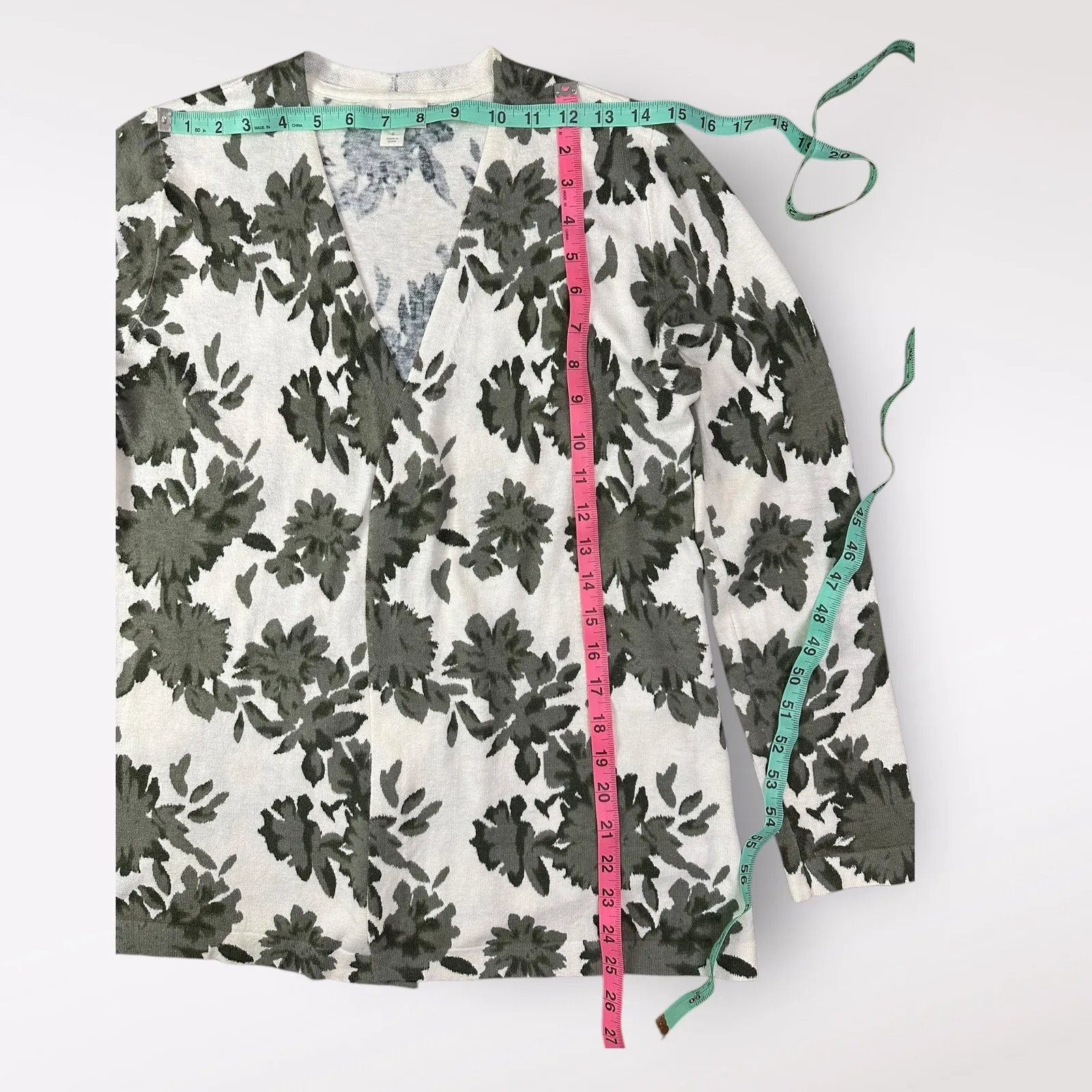 Magnolia Grace‎ Green Floral Print Open Front Cardigan Size S Business Casual White - Image 6