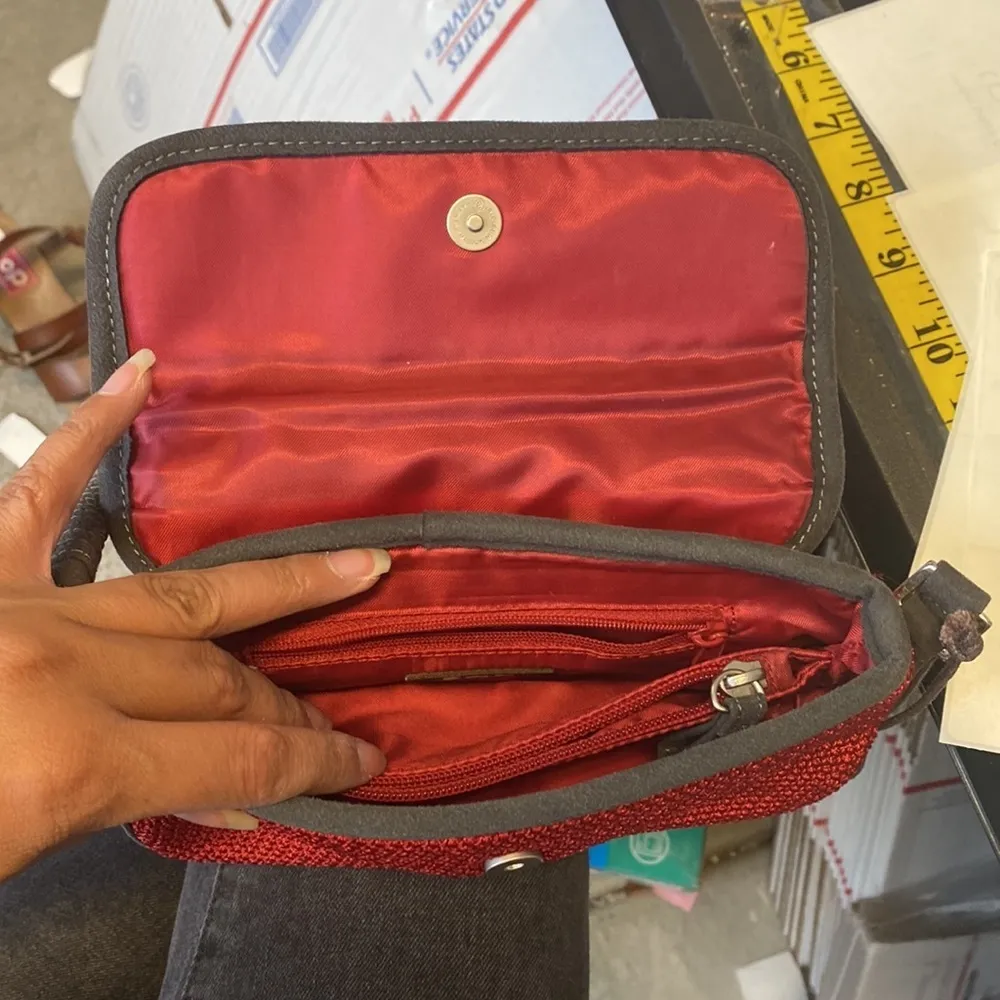 the SAK crochet basket weave red grey faux suede trim mini shoulder bag - Image 10