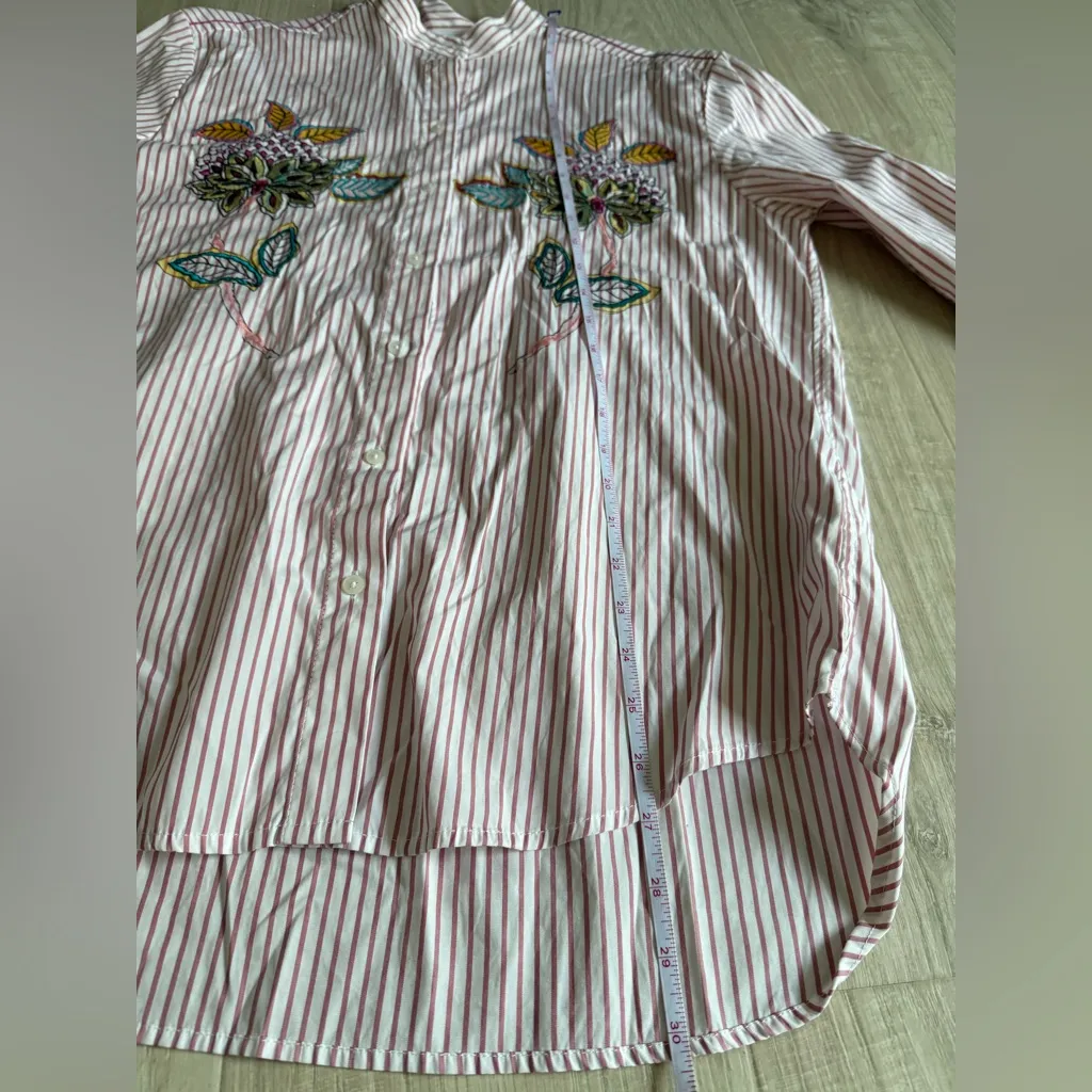 Desigual Embroidered Striped Button Down Mandarin Collar Top | Pink Stripe | M - Image 8