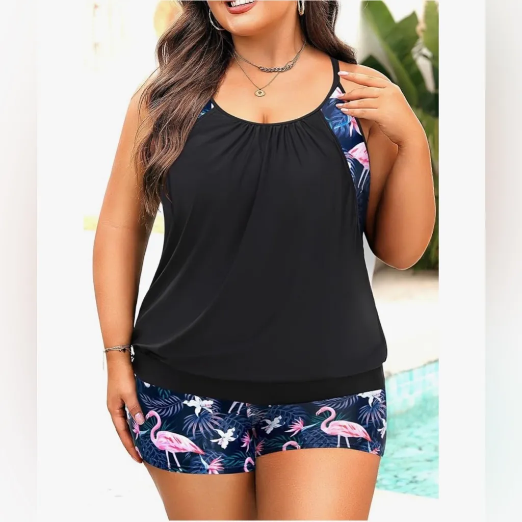 Holipick Flamingo Swimsuit Two Piece Tummy Control Tankini Boy Shorts 16W NWT Black - Image 5