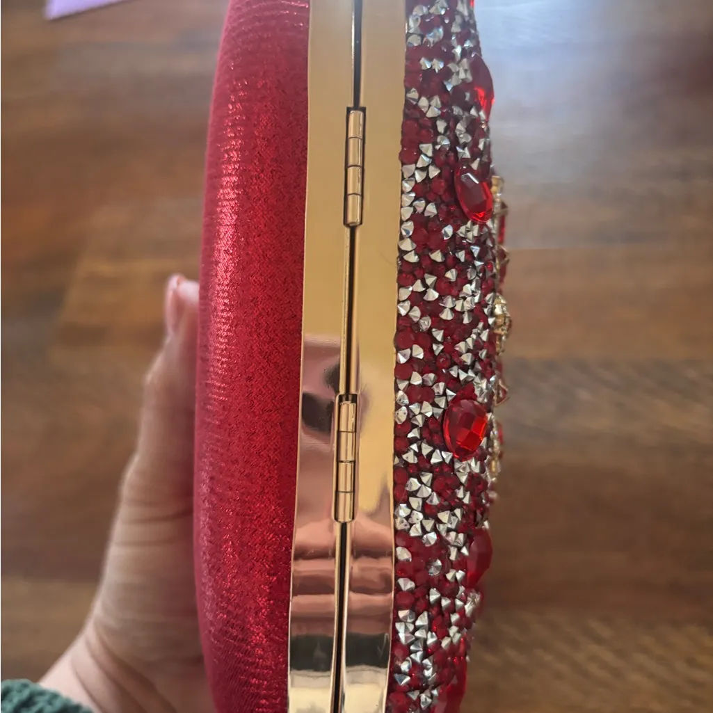 Ramla Handmade Sparkling Gold Handmade Diamond Womens Clutch Purse Handbag NEW Red - Image 7