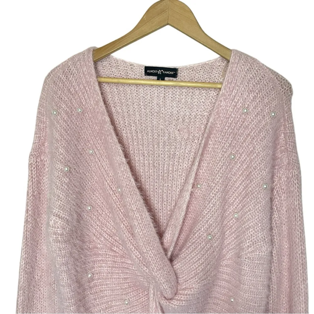 ALMOST FAMOUS Vintage Pink Twist Front V-Neck Sweater Pearl Accents - Image 4