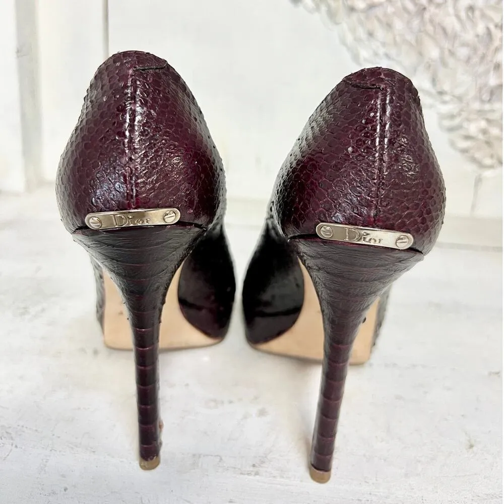 Christian Dior Embossed Python Leather Peep Toe Pumps Purple Women Size 37.5 / 7 - Image 6