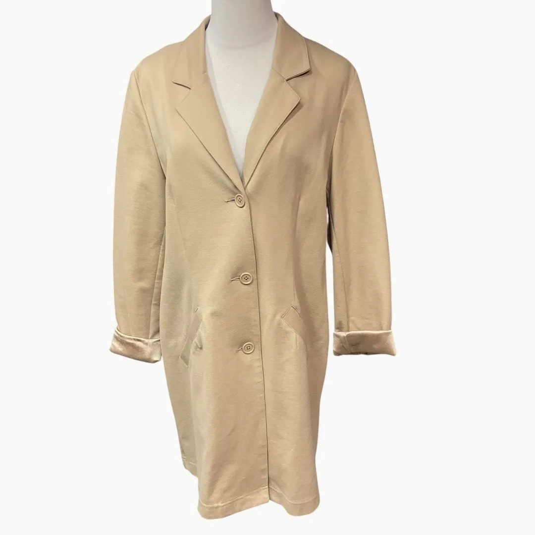 Isabella Bird Anthropologie Button Up‎ Long Sleeve Pockets Knit Trench Coat Sz L Tan Size L - Image 2