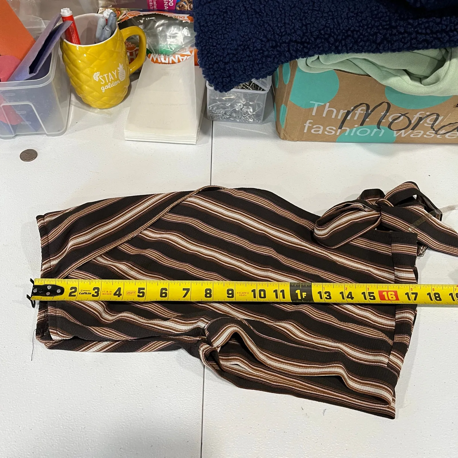 Xhilaration Sexy Vneck Womens Cropped Short Sleeve Y2K Brown Striped Tie Back S - Image 5