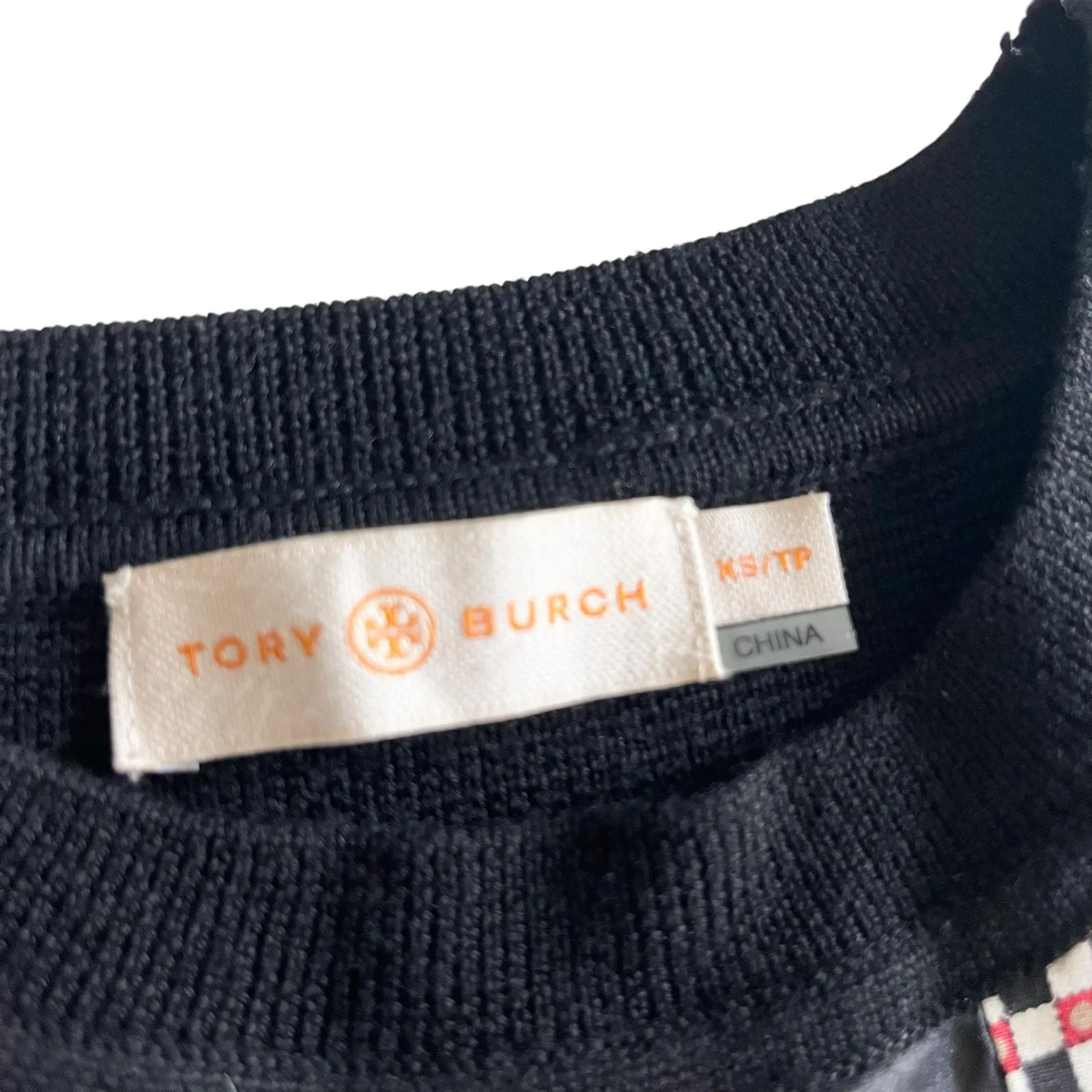 Tory Burch Black Merino Wool Geometric Striped Silk Panel Crewneck Sweater Sz XS - Image 4