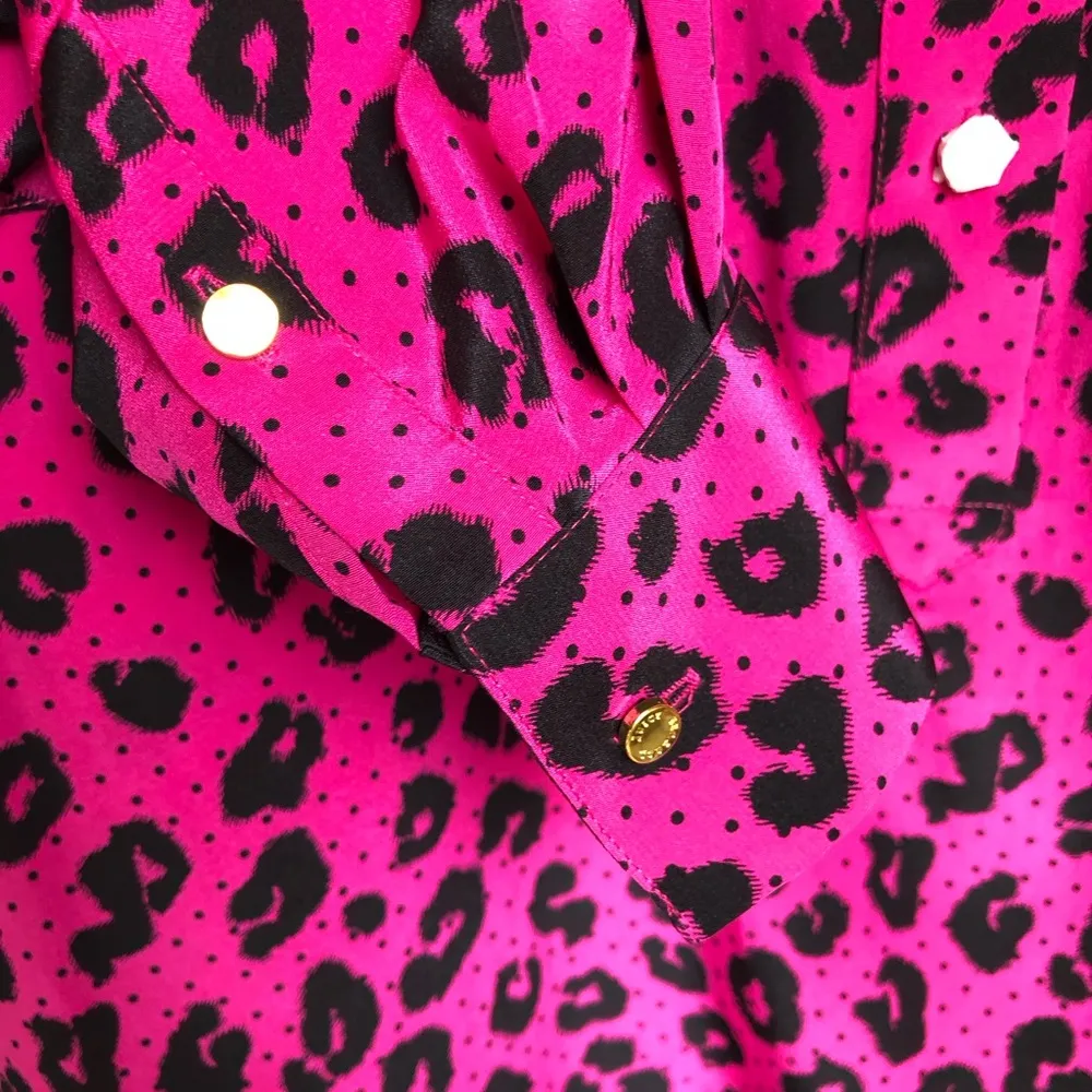 JUICY COUTURE Heartbreaker Dotty Cheetah Silk Long Sleeve Red Blouse Size Large - Image 6