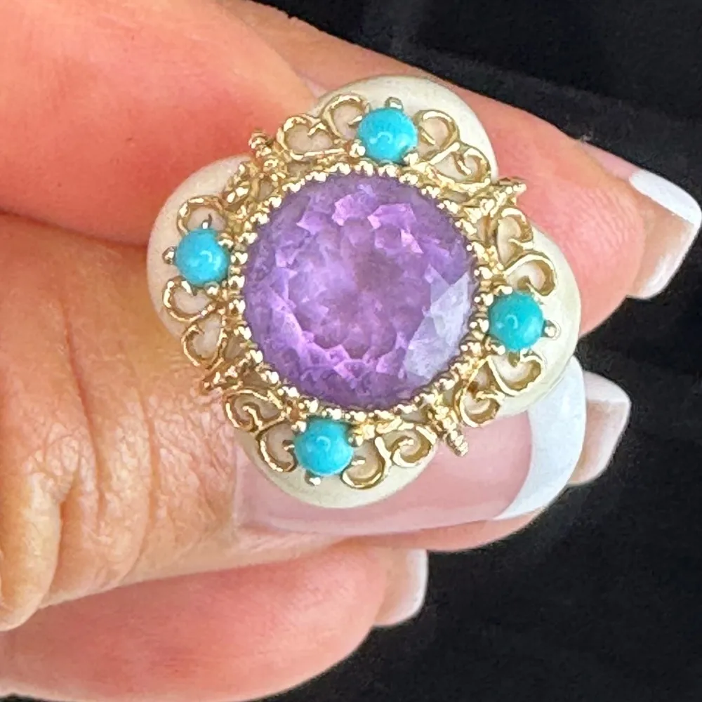 14K RARE Yellow Gold Bezel Amethyst Turquoise Quatrefoil White Agate Ring S 6.5 - Image 5