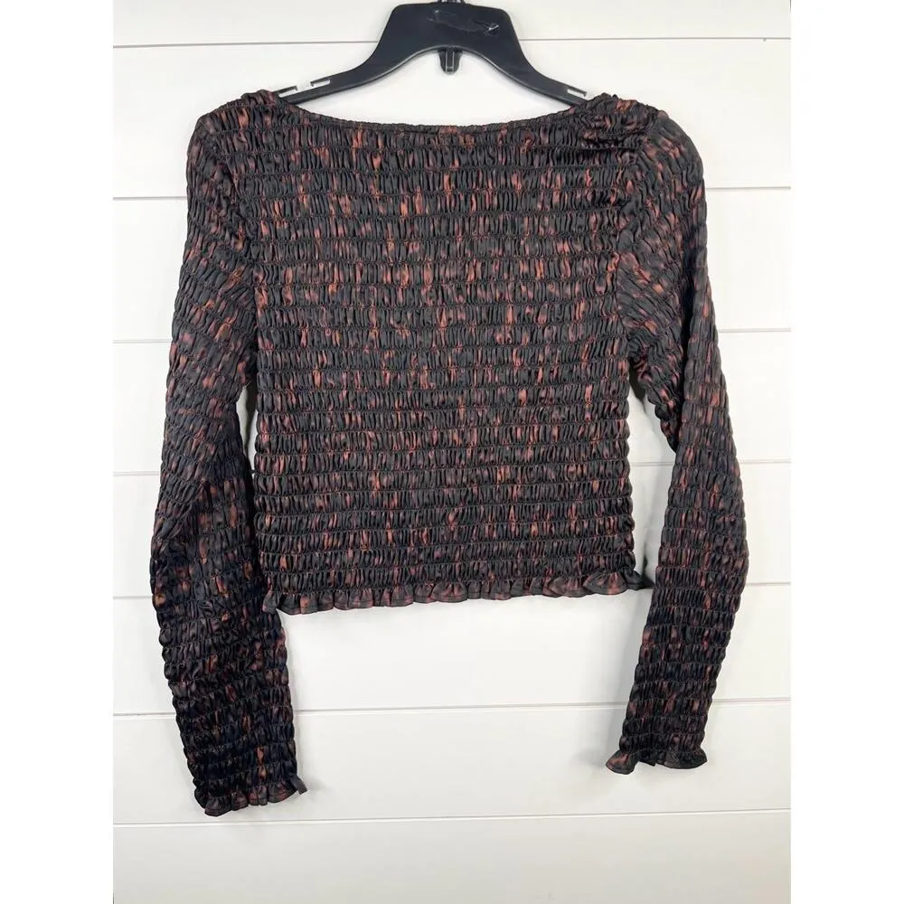 Open Edit Black Brown Ruche Smocked Long Sleeve Scoop Neck Crop Top Sz S - Image 3