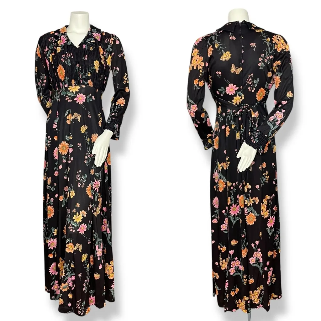 Vintage 1970s Maxi Dress FLAWS Wounded Bird Black Long Sleeve Retro Women Smock Size undefined - Image 2