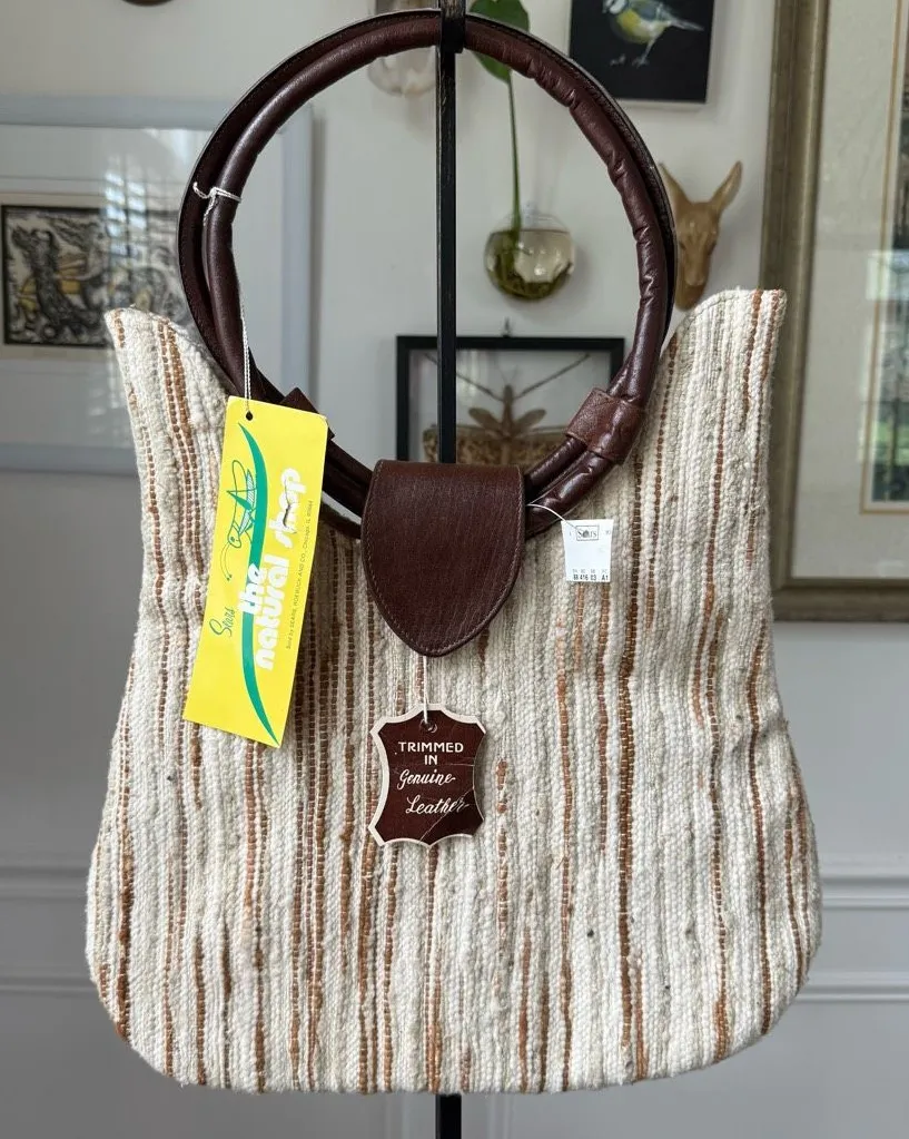 NWT NOS Vintage Sears Natural Shop Textile Leather Purse Neutrals Brown - Image 1