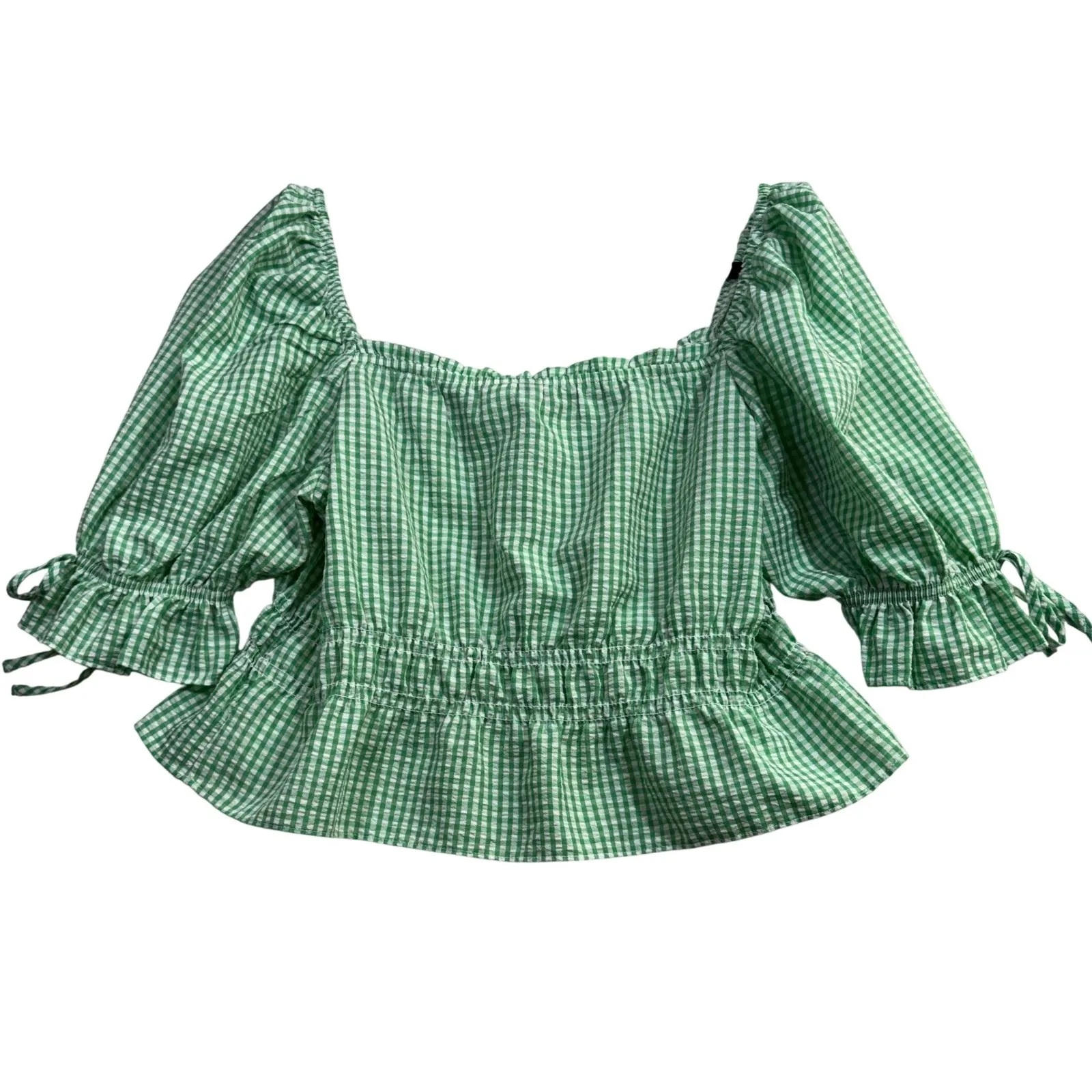 H&M L Gingham Peasant Top Green Puff Slv Coquette Prairie Cottagecore Femme Y2K - Image 5