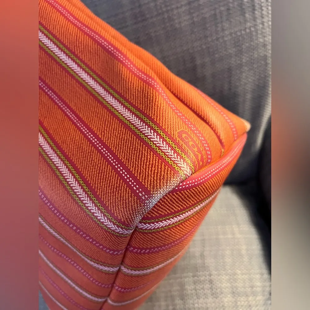 Coach Vintage Striped Orange& Pink Tote Bag with tan leather handles. Zip top, - Image 7