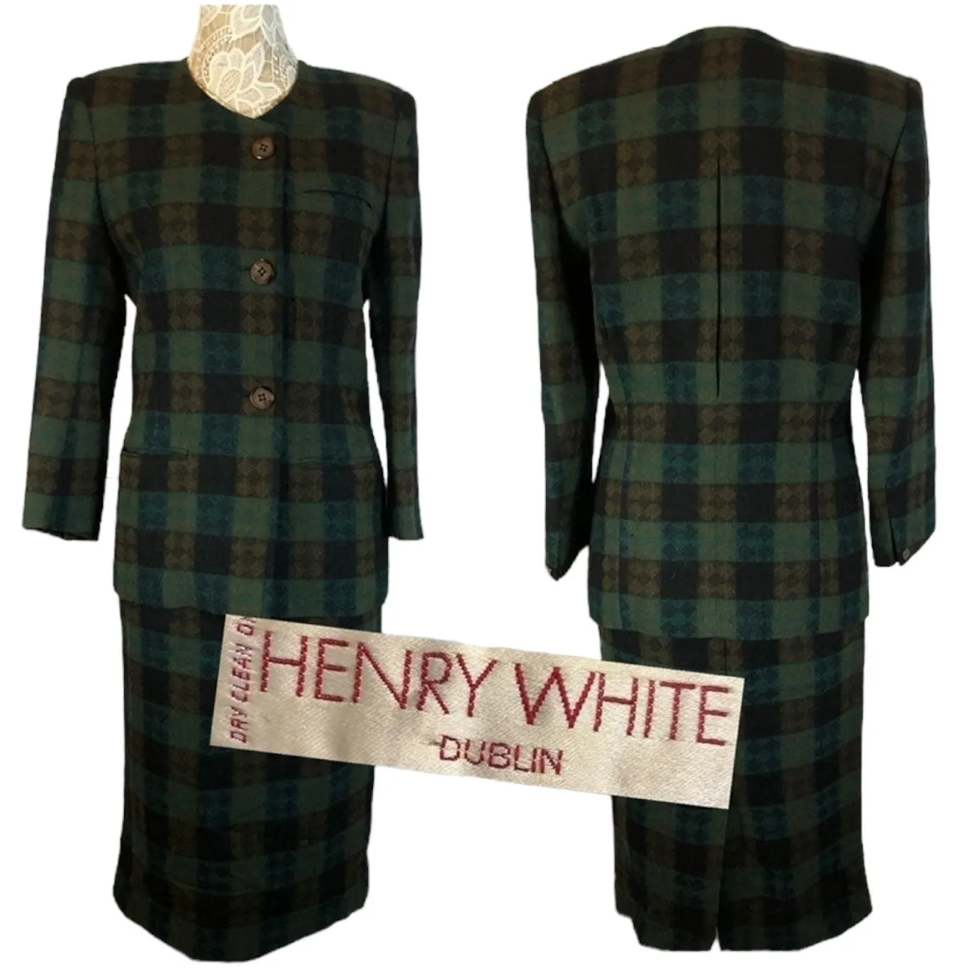 Vintage 1960s Henry White Dublin Alpaca Wool Plaid Skirt Suit Set medium Green Size 10 - Image 2