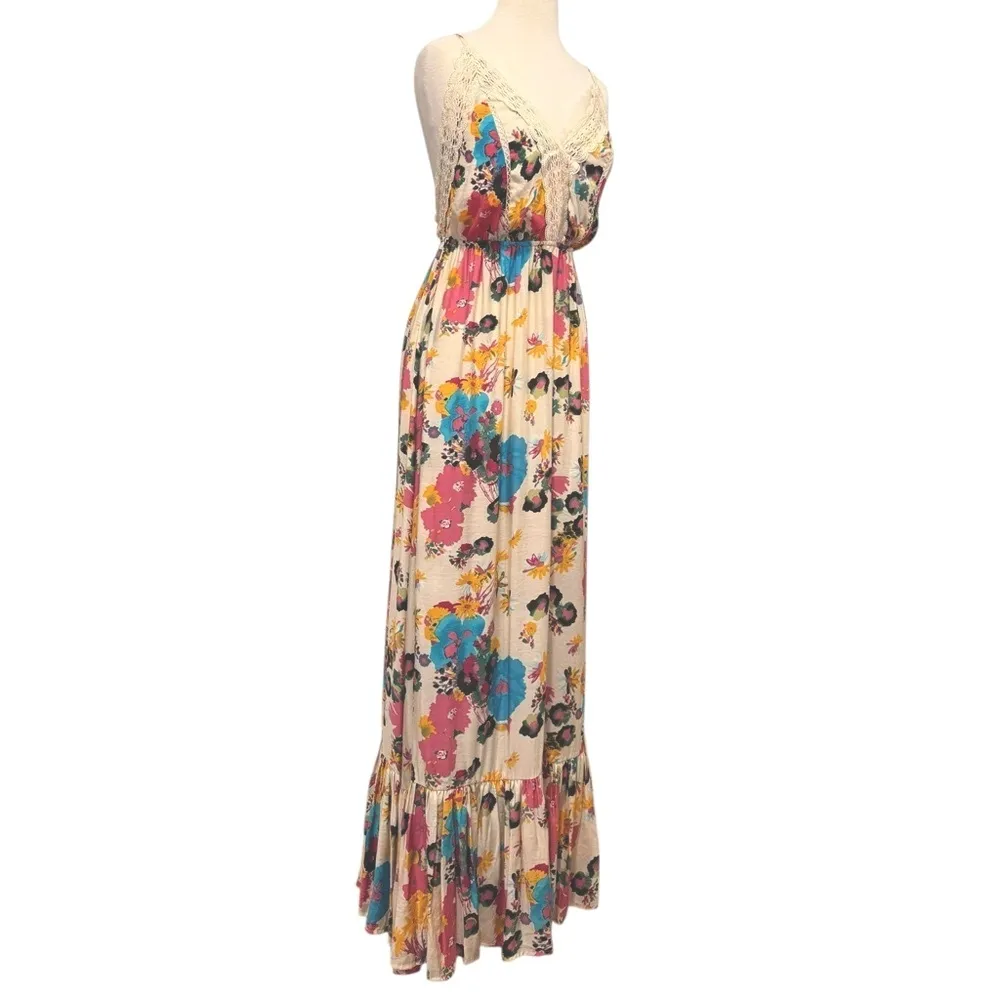 Meghan LA Floral Summer Maxi Dress Strappy Backless Lace Trim Boho Size Small - Image 4