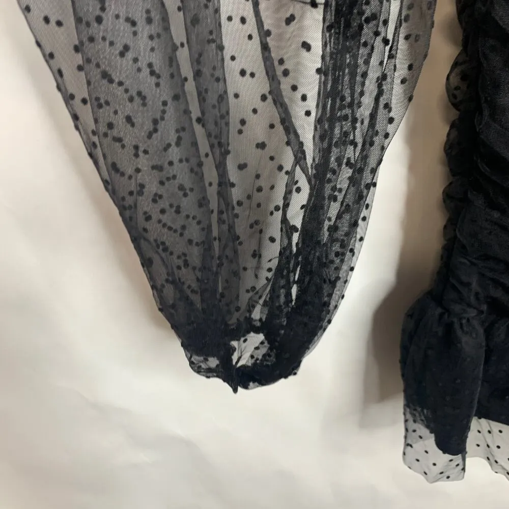 Black Shirred Swiss Dot Dress Sheer Long Sleeve Sz Large - Image 8