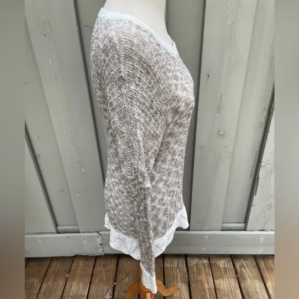 Poof Oatmeal & Cream Pullover Sweater Lacey Hem Weave Knit Cotton Blend  Sz. M - Image 9