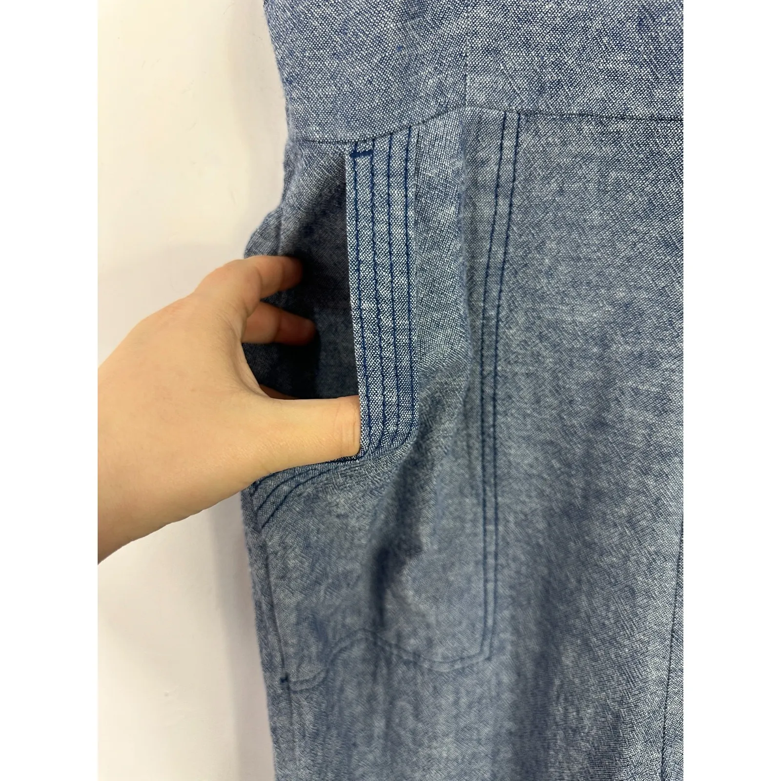 Old Navy Jumpsuit M Linen Blend Wide Leg Blue Pockets Beach Vacation Coastal - Image 4