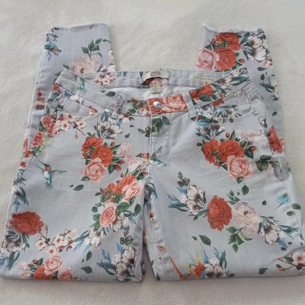 Vintage America Light Blue Floral & Hummingbird Print Boho Skinny Ankle Jeans Size undefined - Image 3