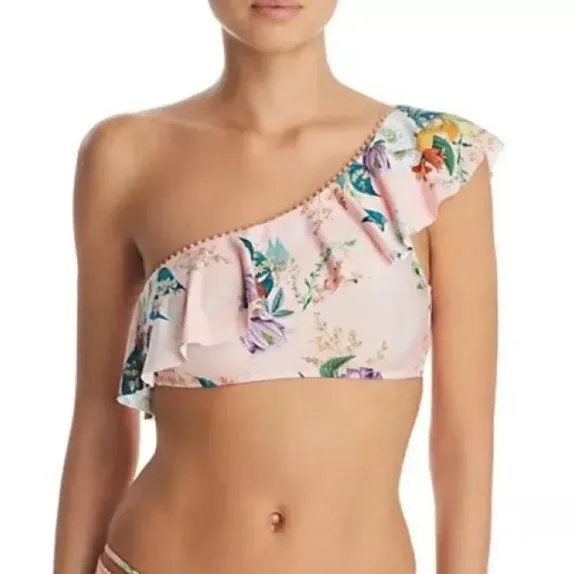 Isabella Rose Blossoms Asymmetrical Ruffle One Shoulder Floral Bikini Top M Pink - Image 1