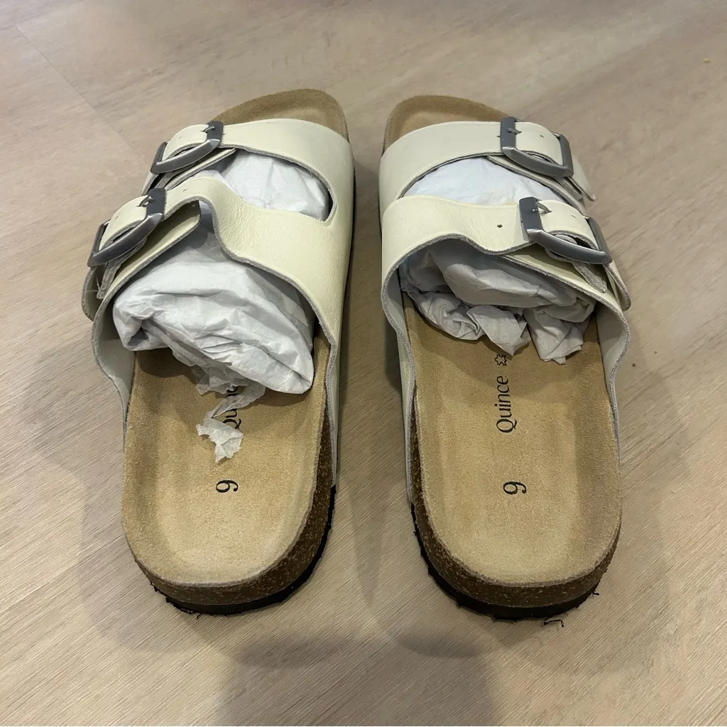 Quince  Napa Leather Double Buckle Slide, Bone, 9 - Image 4